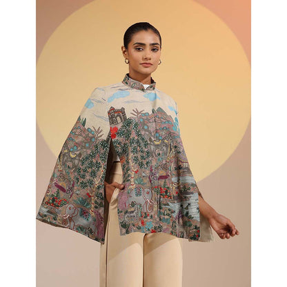 Dusala India Roxane Fine Wool Silk Kalamkari Cape - Beige