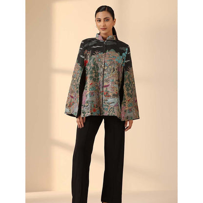 Dusala India Estelle Fine Wool Silk Kalamkari Cape - Black