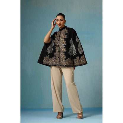 Dusala India Ira Fine Wool Silk With Zari Embroidery Cape - Black