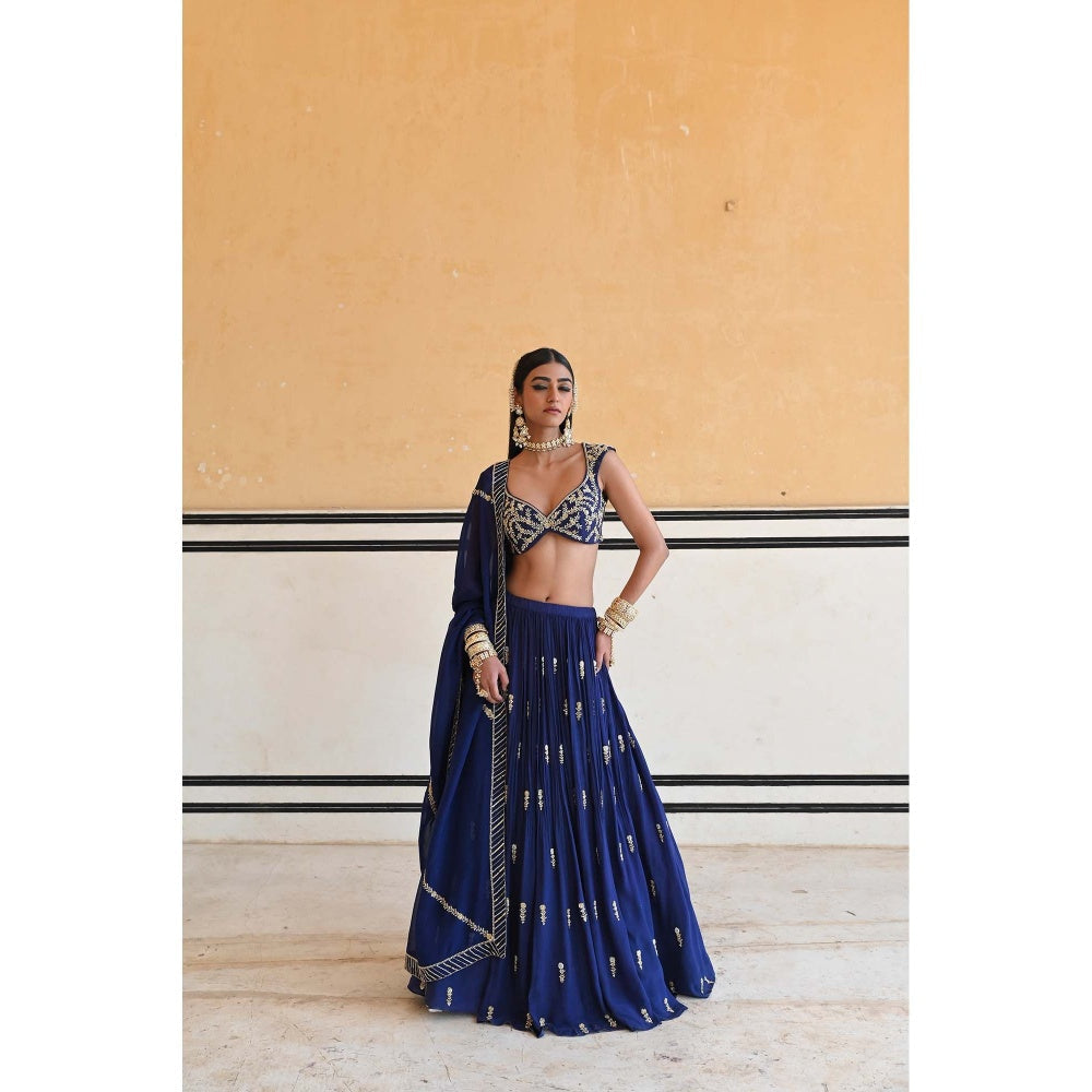 Ease Clothing Navy Blue Embroidered Blouse with Lehenga and Dupatta (Set of 3)