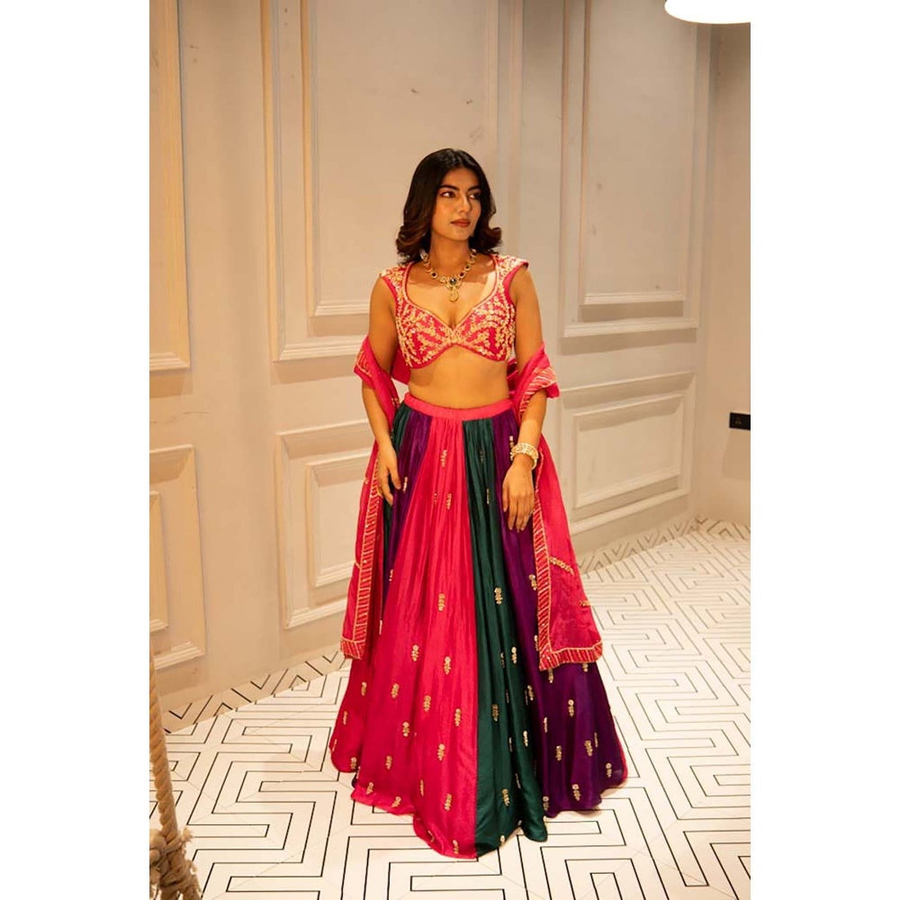 Ease Clothing Multi-Colour Embroidered Blouse with Lehenga and Dupatta (Set of 3)
