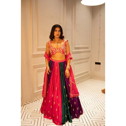 Ease Clothing Multi-Colour Embroidered Blouse with Lehenga and Dupatta (Set of 3)