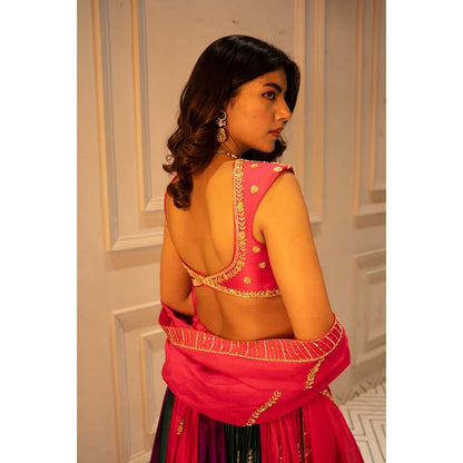 Ease Clothing Multi-Colour Embroidered Blouse with Lehenga and Dupatta (Set of 3)