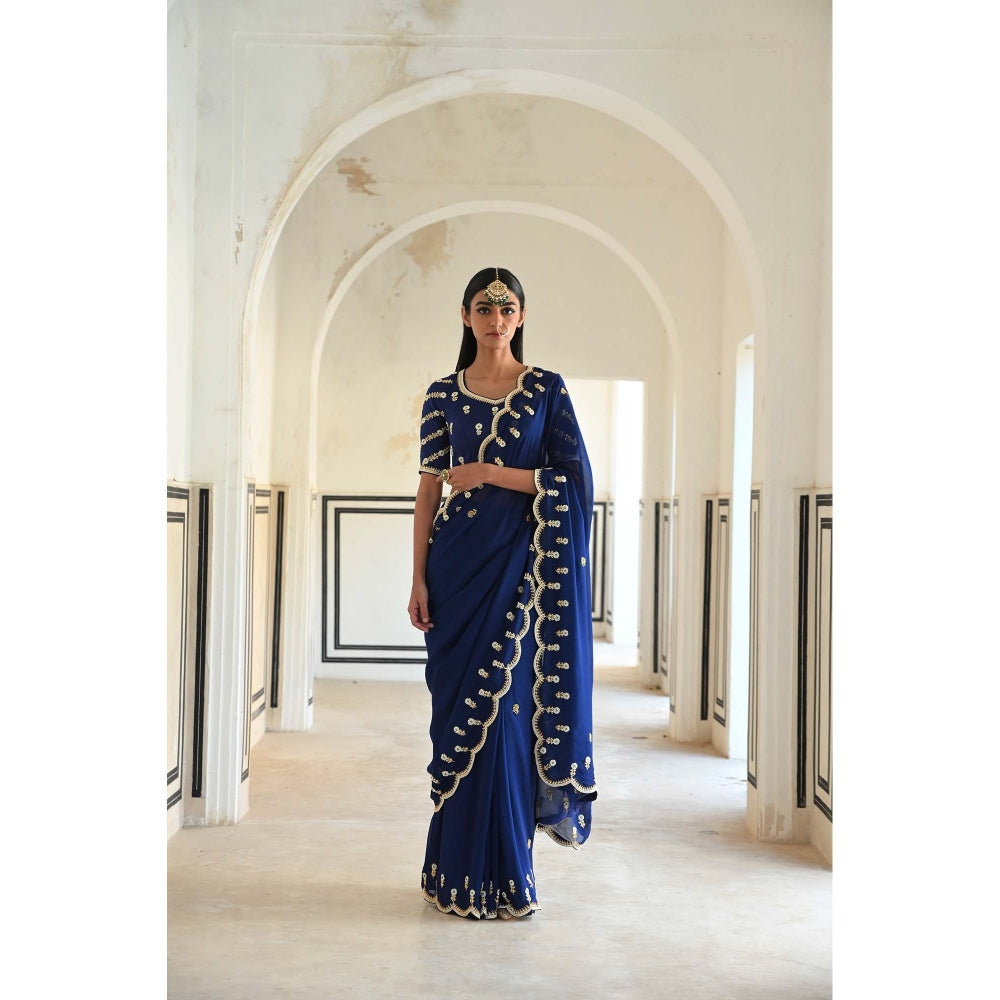 Ease Clothing Royal Blue Scallop Embroidered Saree with Stitched Blouse