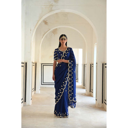 Ease Clothing Royal Blue Scallop Embroidered Saree with Stitched Blouse