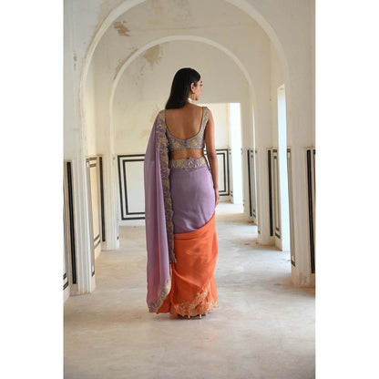 Ease Clothing Lavender Ombre Floral Embroidered Border Saree with Stitched Blouse