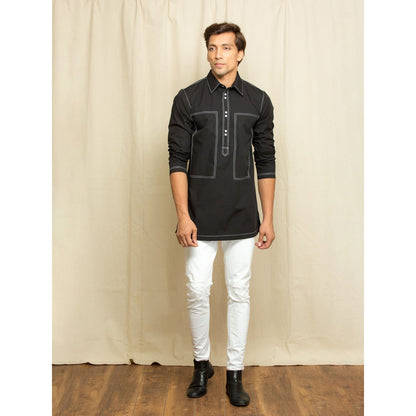 Echke Black Short Kurta with White Contrast Stitching