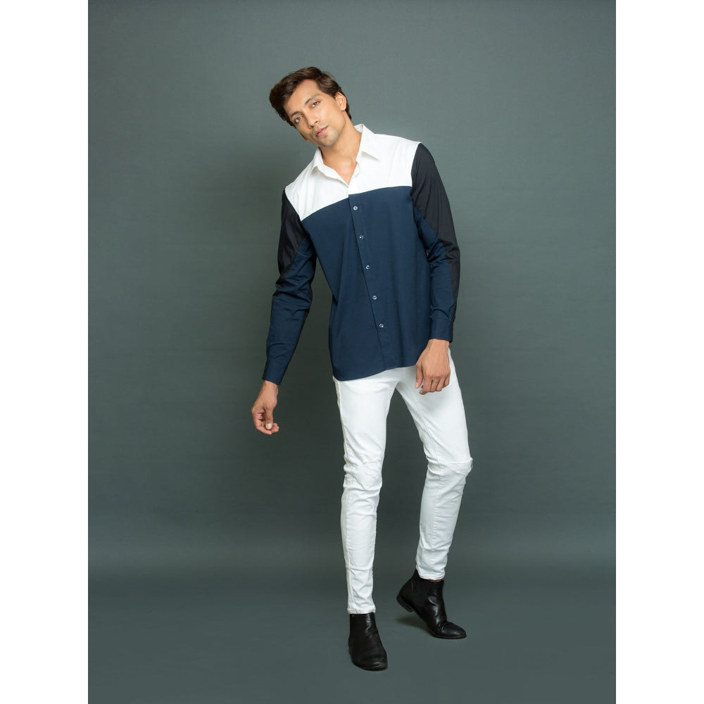 Echke White Blue Black Patchwork Shirt