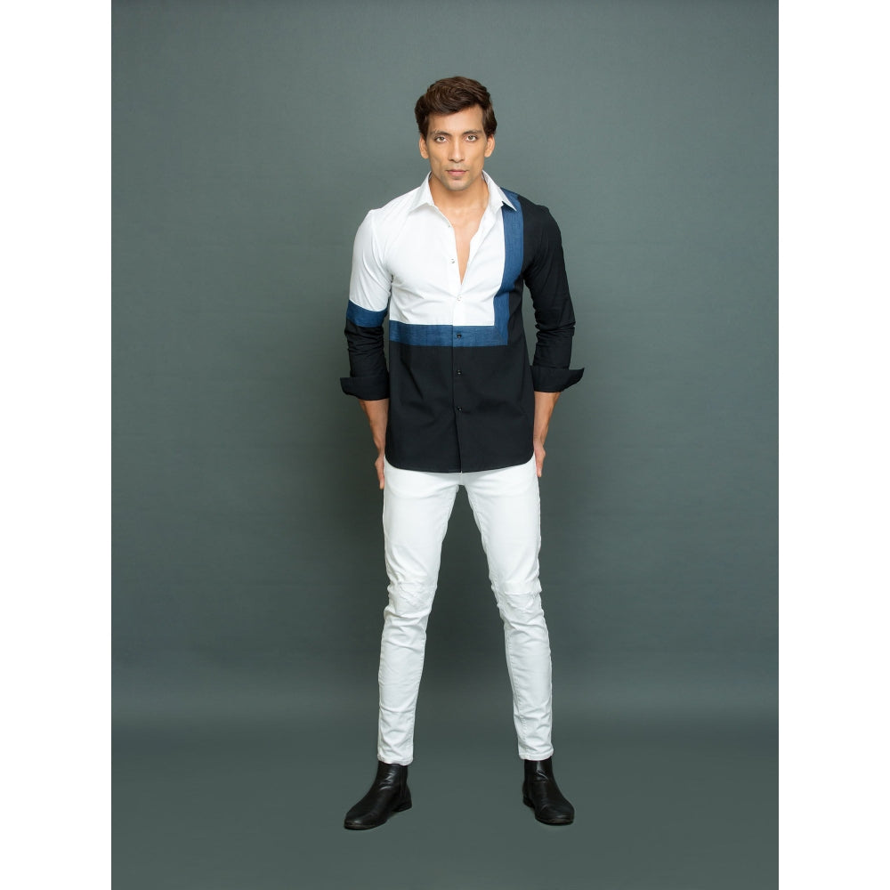 Echke White Shirt with Denim Square Detail and Black Part