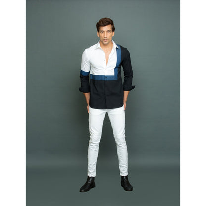Echke White Shirt with Denim Square Detail and Black Part