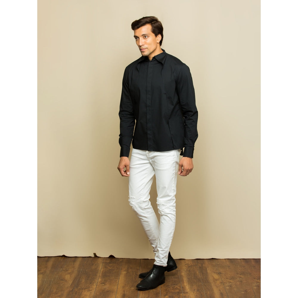 Echke Black Shirt with Front Slant Flaps