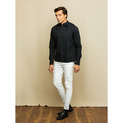 Echke Black Shirt with Front Slant Flaps