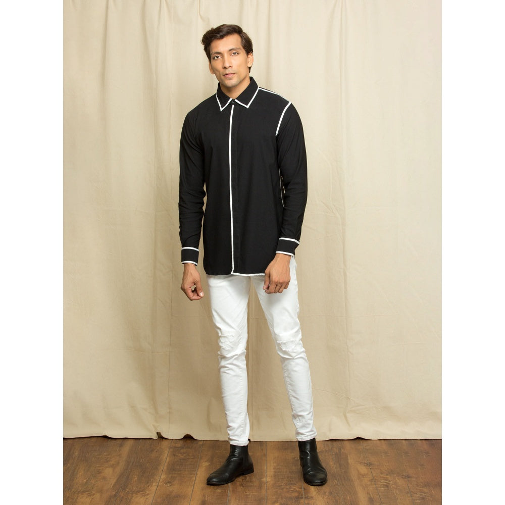 Echke Black Shirt with White Piping on Collar Placket and Sleeves