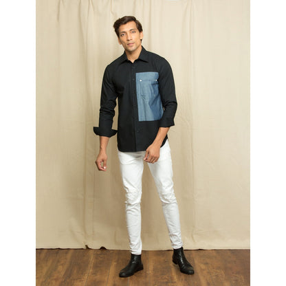 Echke Black Shirt with Rectangular Denim Patch with Denim Pocket