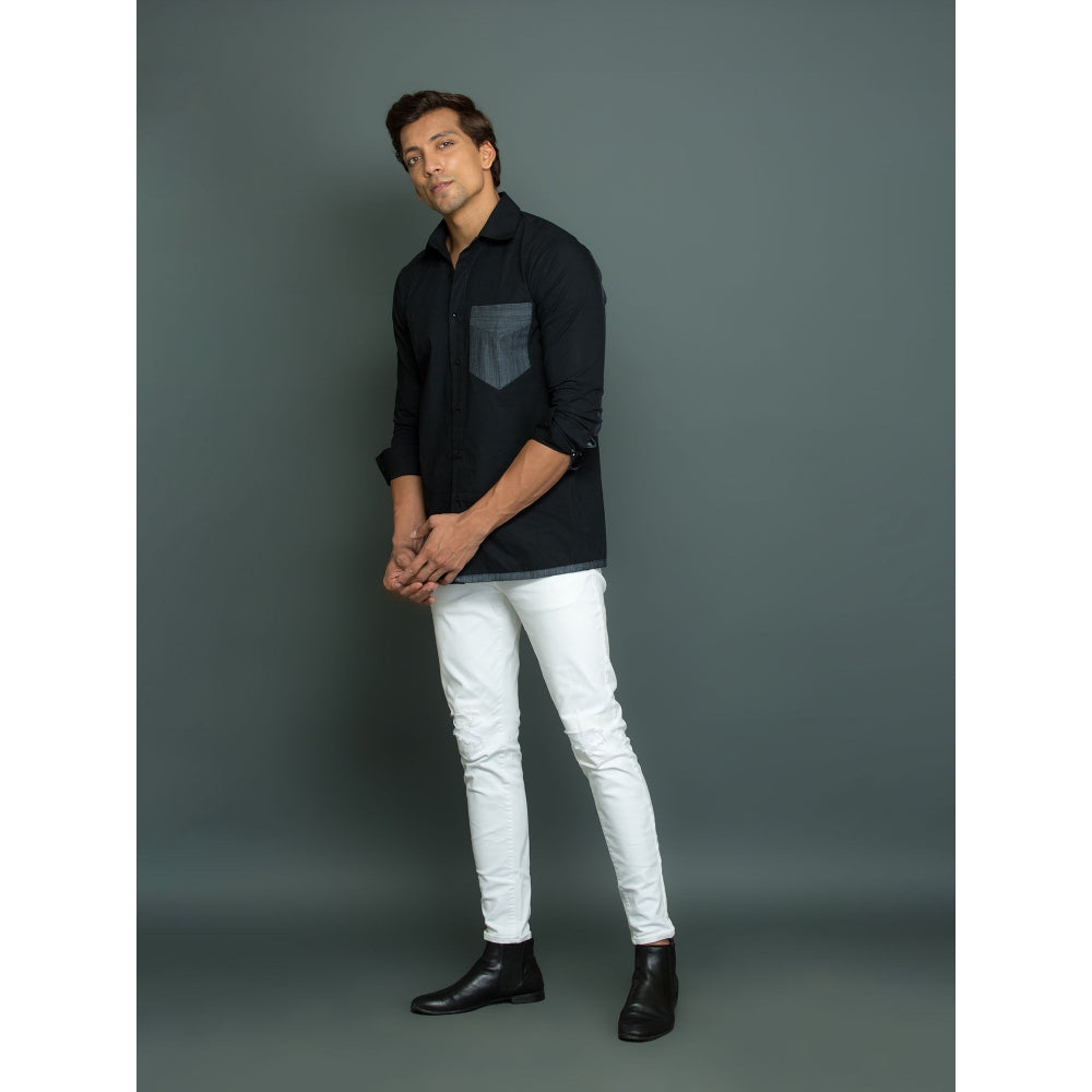 Echke Black Shirt with Gray Denim Pocket and Gray Denim 1/4 Sleeve Patch