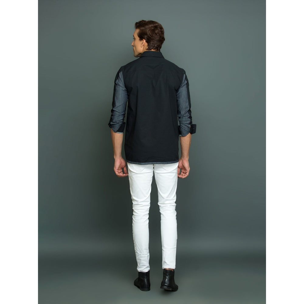 Echke Black Shirt with Gray Denim Pocket and Gray Denim 1/4 Sleeve Patch