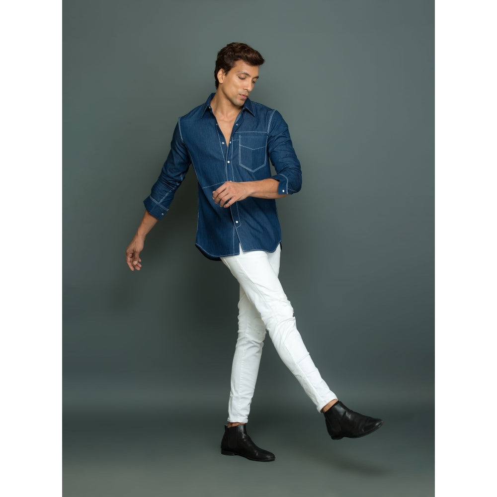 Echke Blue Denim with White Press Button Pocket with White Stitch Detailing