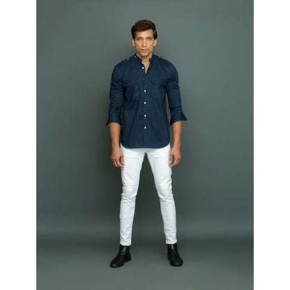 Echke Blue Shirt with Double Pocket Flaps Lapels and Chinese Collar