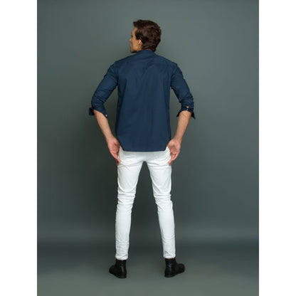 Echke Blue Shirt with Double Pocket Flaps Lapels and Chinese Collar