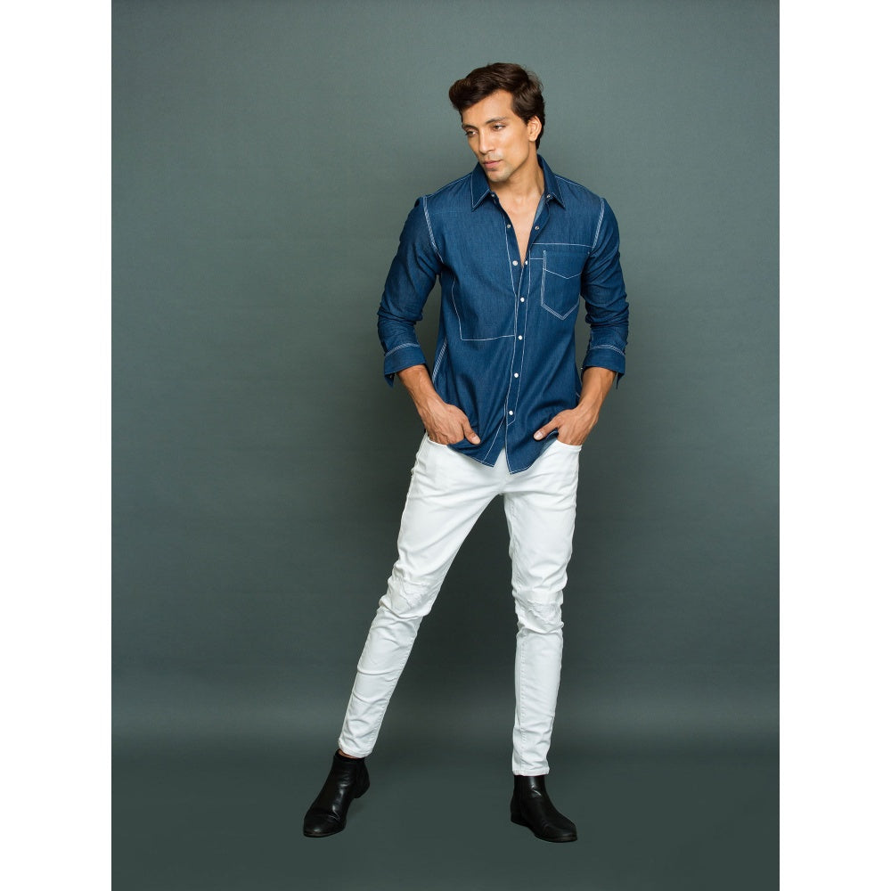Echke Light Blue White Press Button Shirt with Reverse Pocket and Shoulder Feature