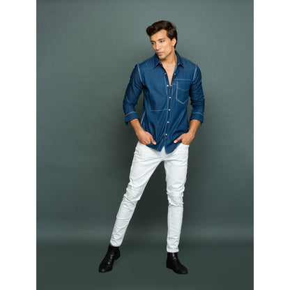 Echke Light Blue White Press Button Shirt with Reverse Pocket and Shoulder Feature