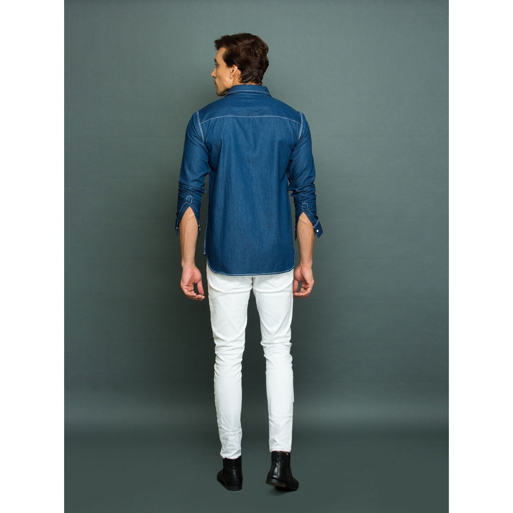Echke Light Blue White Press Button Shirt with Reverse Pocket and Shoulder Feature