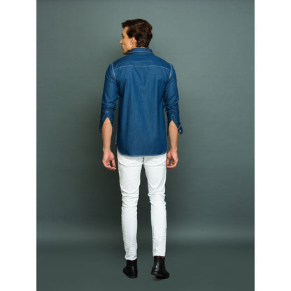 Echke Light Blue White Press Button Shirt with Reverse Pocket and Shoulder Feature