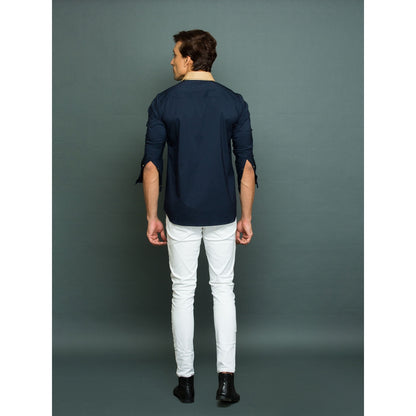 Echke Blue Shirt with Khakhi Long Front Patch and Rounded Collar