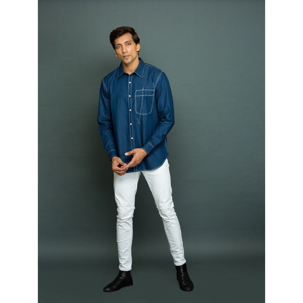 Echke Denim Shirt with Large Pocket and Abstract White Stitching