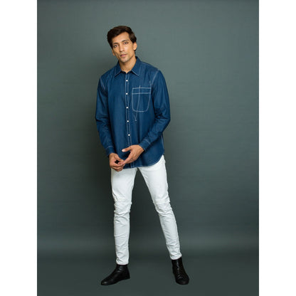 Echke Denim Shirt with Large Pocket and Abstract White Stitching