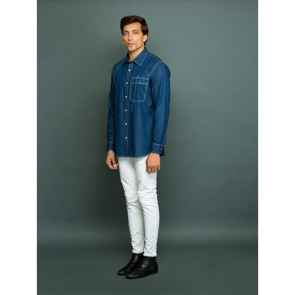 Echke Denim Shirt with Large Pocket and Abstract White Stitching