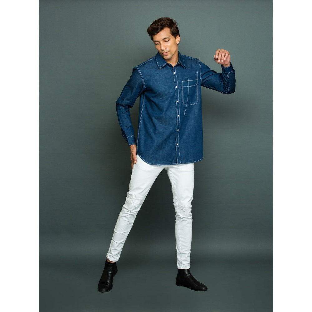 Echke Denim Shirt with Large Pocket and Abstract White Stitching