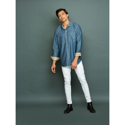 Echke Light Denim Shirt with Khakhi Facing Twin Collar