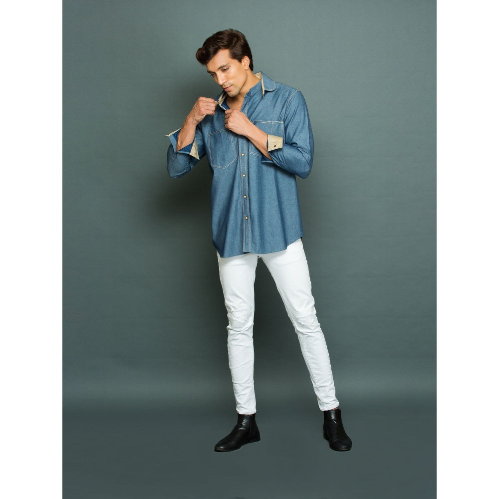 Echke Light Denim Shirt with Khakhi Facing Twin Collar