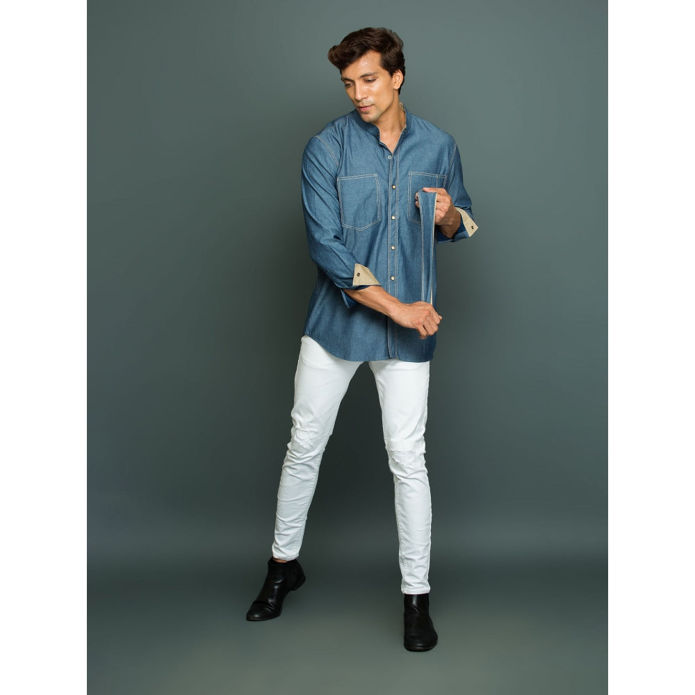 Echke Light Denim Shirt with Khakhi Facing Twin Collar