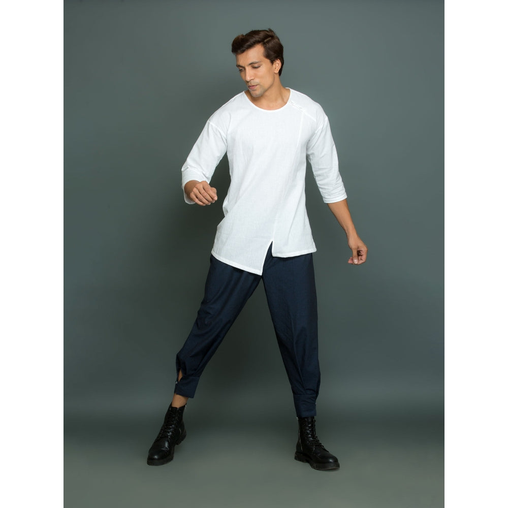 Echke Linen Co-Ord White and Blue with Assymetric Top (Set of 2)