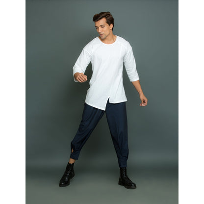 Echke Linen Co-Ord White and Blue with Assymetric Top (Set of 2)