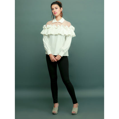 Echke Collared Top With Net And Ruffle Feature