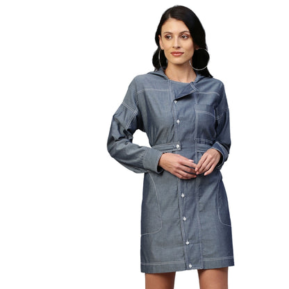 Echke Double Breasted Shirt Dress With Hoodie