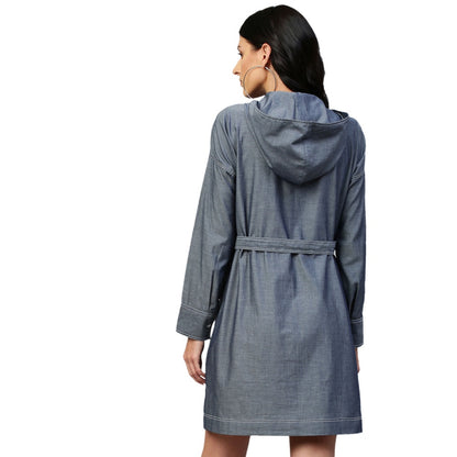 Echke Double Breasted Shirt Dress With Hoodie