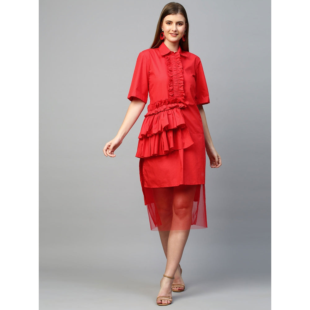 Echke Dress With Placket Ruffle and Net Bottom