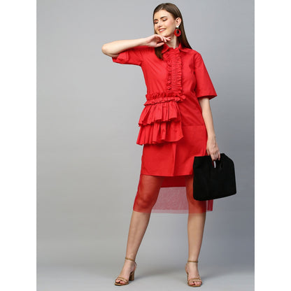 Echke Dress With Placket Ruffle and Net Bottom