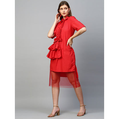 Echke Dress With Placket Ruffle and Net Bottom
