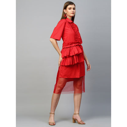 Echke Dress With Placket Ruffle and Net Bottom