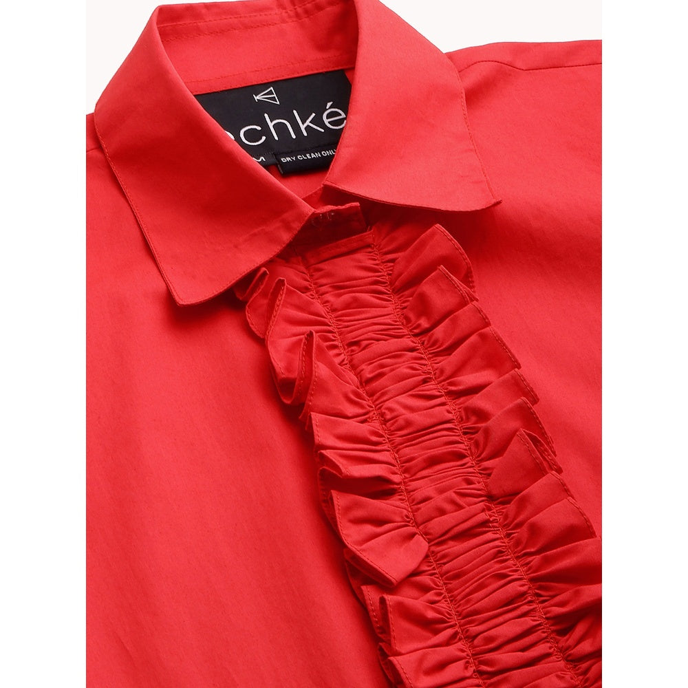 Echke Dress With Placket Ruffle and Net Bottom