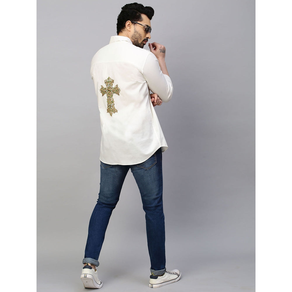 Echke White Shirt with Neon Zip Detail and Cross Embellishment on The Back