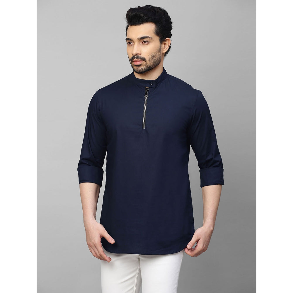 Echke Dark Blue Shirt with Mandarin Collar and Placket Zipper Feature