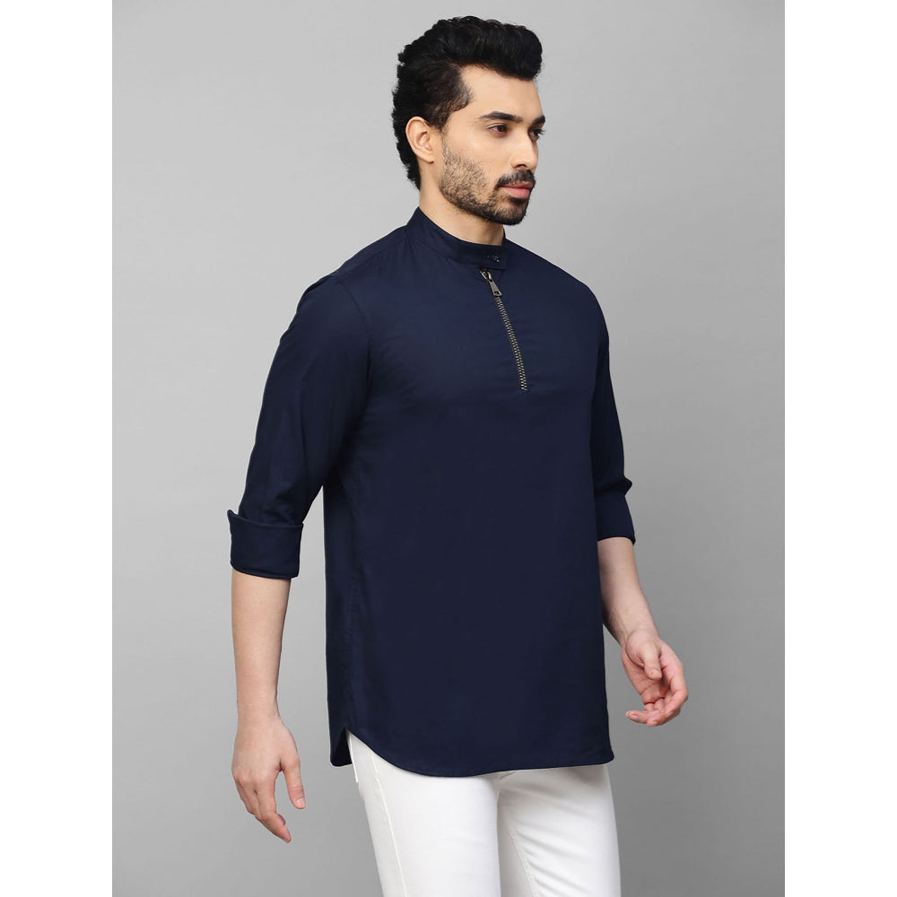 Echke Dark Blue Shirt with Mandarin Collar and Placket Zipper Feature