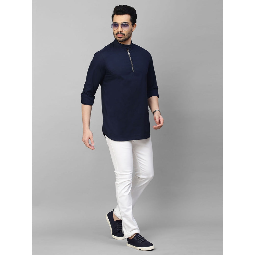 Echke Dark Blue Shirt with Mandarin Collar and Placket Zipper Feature