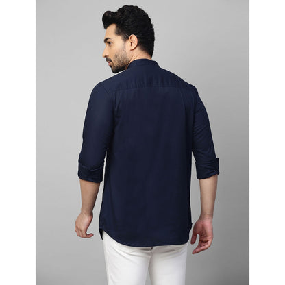 Echke Dark Blue Shirt with Mandarin Collar and Placket Zipper Feature